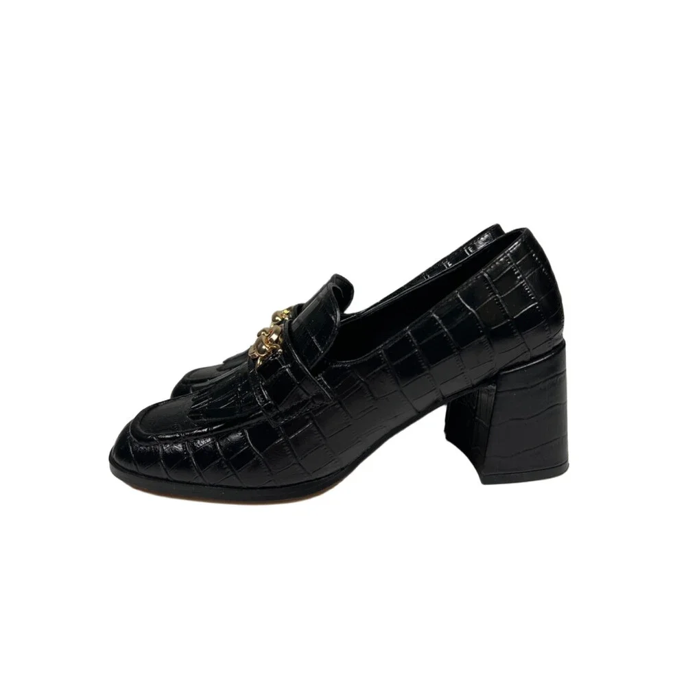 Ann Taylor Women's Black Leather Croco Loafer Pump Block Heels - 6
